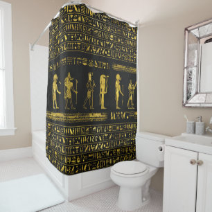 Golden Egyptian Gods and hieroglyphics on leather Shower Curtain