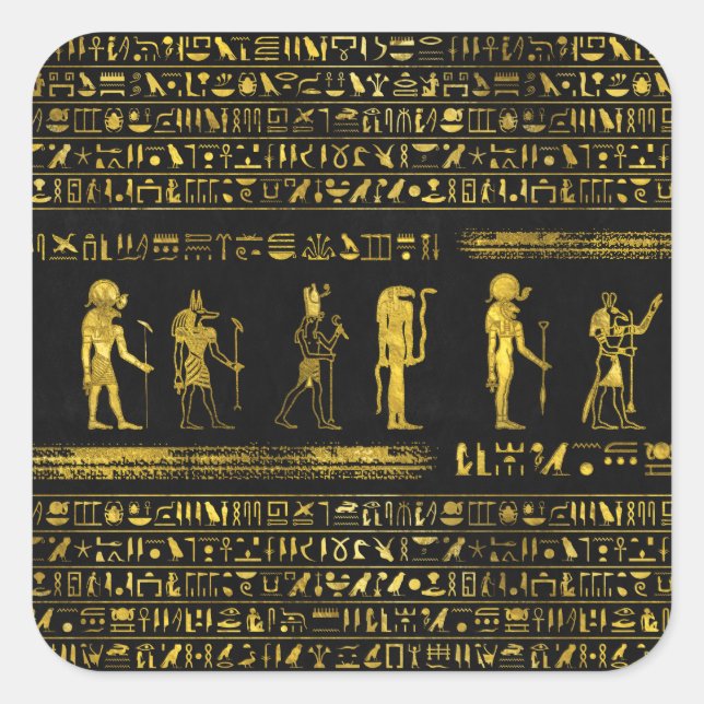 Golden Egyptian Gods and hieroglyphics on leather Square Sticker (Front)