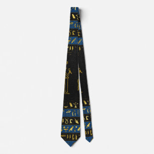 Golden Egyptian Gods and hieroglyphics on leather Tie