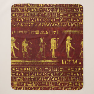 Golden Egyptian Gods  on red leather Sherpa Blanket