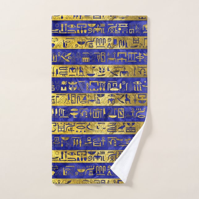 Golden Egyptian  hieroglyphs pattern blue stone Bath Towel Set (Hand Towel)
