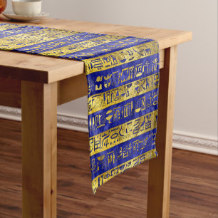 Golden Egyptian  hieroglyphs pattern blue stone Short Table Runner