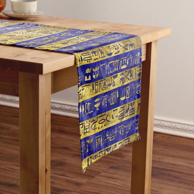 Golden Egyptian  hieroglyphs pattern blue stone Short Table Runner (In Situ)