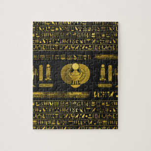 Golden Egyptian Scarab  on black leather Jigsaw Puzzle