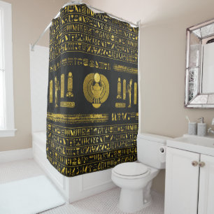 Golden Egyptian Scarab on black leather Shower Curtain