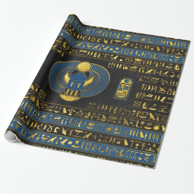 Golden Egyptian Scarab Ornament on  leather Wrapping Paper (Unrolled)