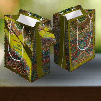 Golden Eid Mubarak ornamental pattern Yellow Green Medium Gift Bag