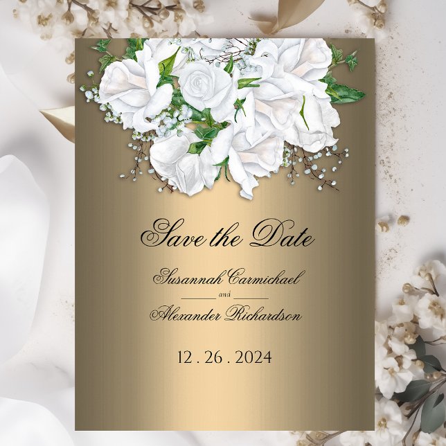 Golden Elegance and White Bridal Bouquet Save Date Postcard (Creator Uploaded)