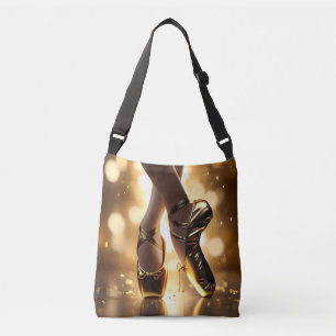 Golden Elegance: Ballerina Shoes on Gold Bokeh Crossbody Bag