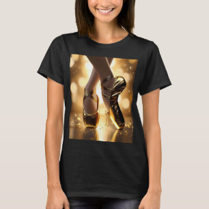 Golden Elegance: Ballerina Shoes on Gold Bokeh T-Shirt