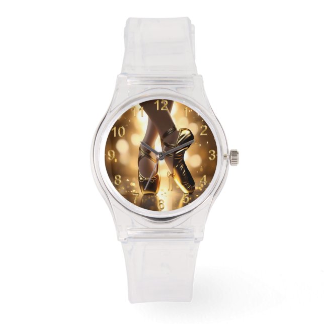 Golden Elegance: Ballerina Shoes on Gold Bokeh Watch (Front)