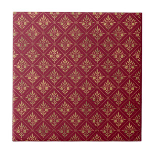 Golden Elegance – Bordeaux Red & Gold Botanical Ceramic Tile