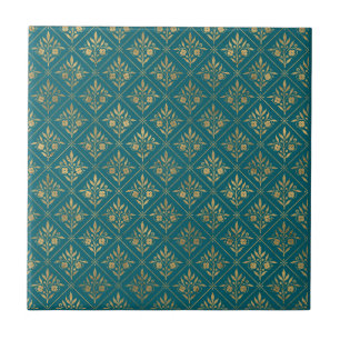 Golden Elegance – Dark Turquoise & Gold Botanical  Ceramic Tile