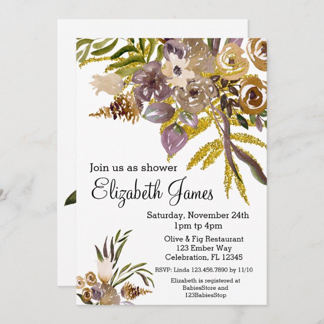 Golden Elegance Fall Floral Baby Shower Invitation (Front/Back)