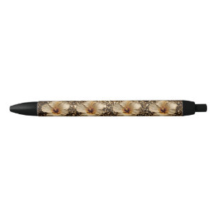 Golden Elegance: Gold Hibiscus Shimmer Blue Ink Pen