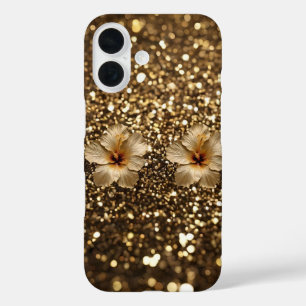Golden Elegance: Gold Hibiscus Shimmer iPhone 16 Case