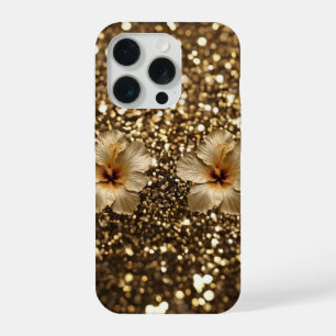 Golden Elegance: Gold Hibiscus Shimmer iPhone 15 Pro Case