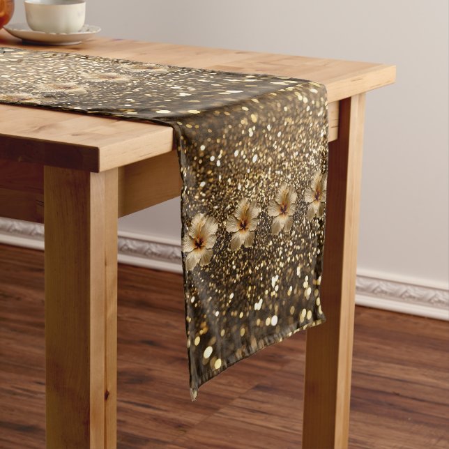 Golden Elegance: Gold Hibiscus Shimmer Long Table Runner (In Situ)