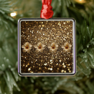 Golden Elegance: Gold Hibiscus Shimmer Metal Ornament