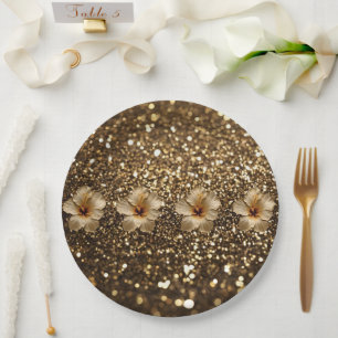 Golden Elegance: Gold Hibiscus Shimmer Paper Plate
