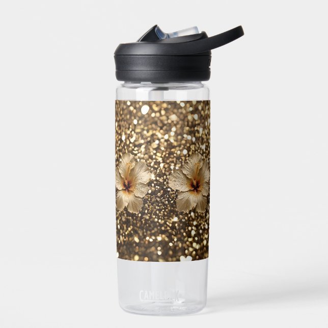 Golden Elegance: Gold Hibiscus Shimmer Water Bottle (Left)