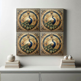 Golden Elegance Majestic Peacock Feather Art Deco Ceramic Tile