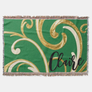 Golden Elegance Moss Green pattern Throw Blanket
