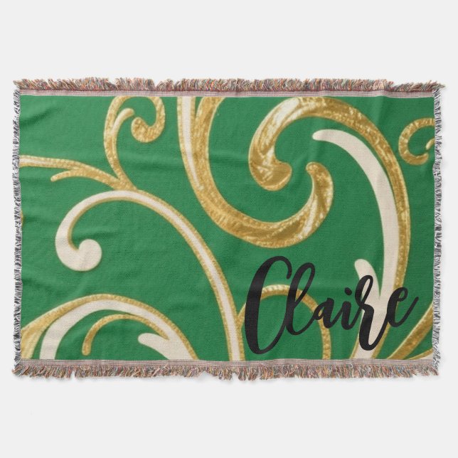 Golden Elegance Moss Green pattern Throw Blanket (Front)