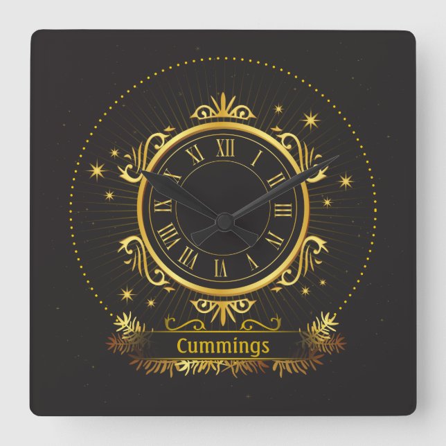 Golden Elegance Personalised Name Sq. Wall Clock (Front)