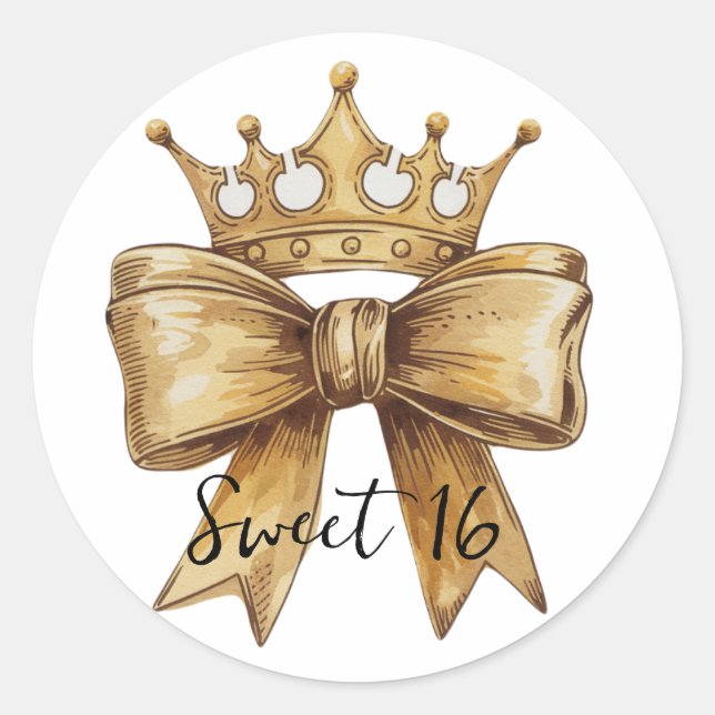 Golden Elegance: Sweet 16 Crown & Bow Classic Round Sticker (Front)