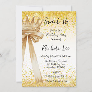 Golden & Elegance: Sweet 16 Crown & Bow Invitation