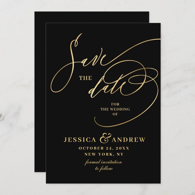 Golden Elegant Calligraphy Wedding Save the Date  (Front/Back)