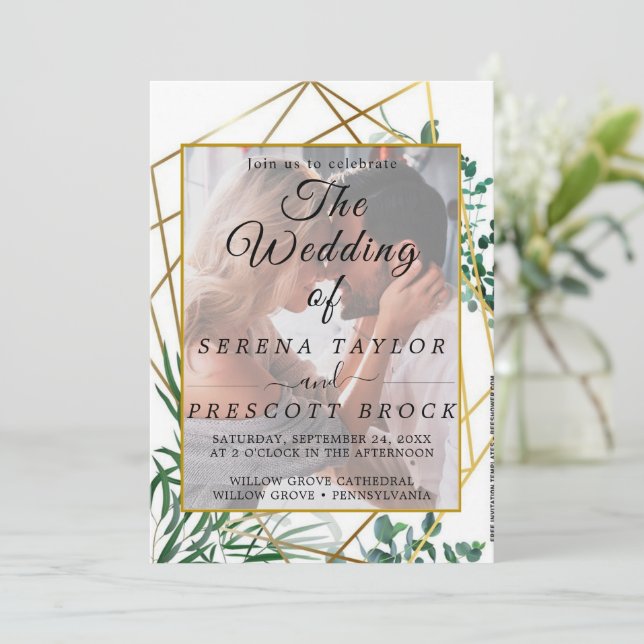 Golden Elegant Foliage Vellum Wedding Invitation (Standing Front)