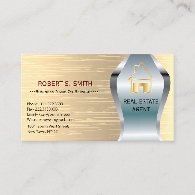 Golden Elegant Metallic Real Estate agent  Business Card (Front)