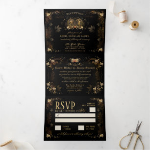 Golden Elegant Skeletons RECEPTION & NON-MENU RSVP Tri-Fold Invitation