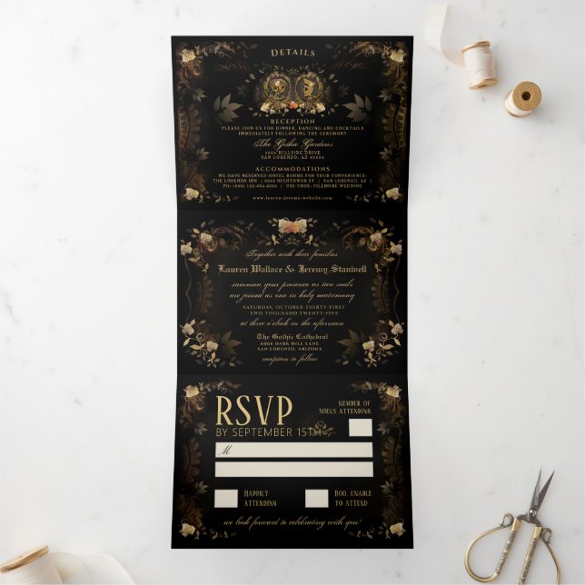 Golden Elegant Skeletons "Together With" Details T Tri-Fold Invitation (Inside)