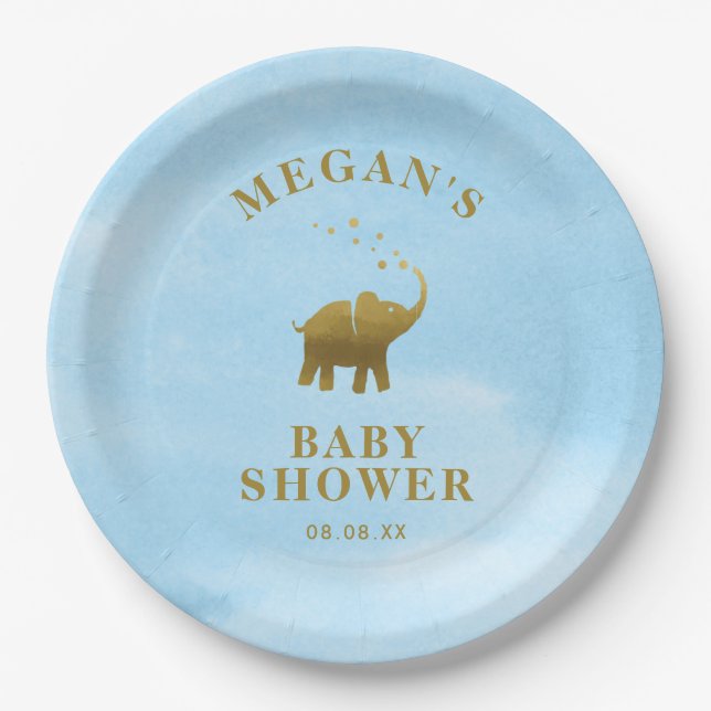 Golden Elephant Blue Watercolor Baby Shower Paper Plate (Front)
