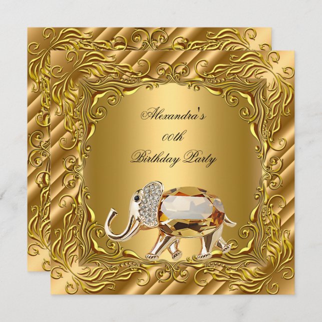 Golden Elephant Elite Elegant Gold Birthday Party Invitation (Front/Back)
