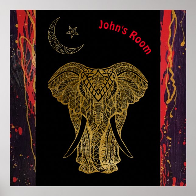 Golden Elephant with red swirls. Editable name Poster (Front)