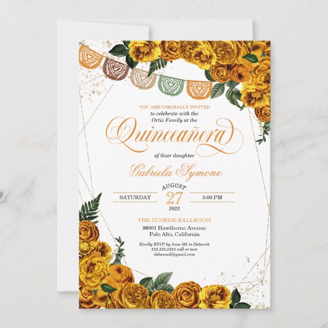 Golden ellow Rose Papel Picado Fiesta Quinceañera Invitation (Front)