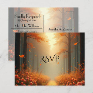 Golden Ember Autumn Woodland Stroll Wedding RSVP Invitation Postcard