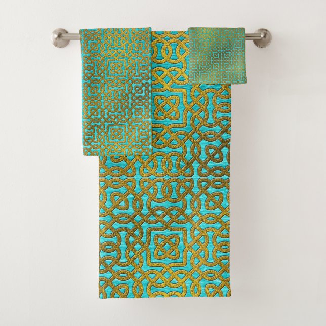 Golden Embossed Celtic Pattern on blue wood Bath Towel Set (Insitu)