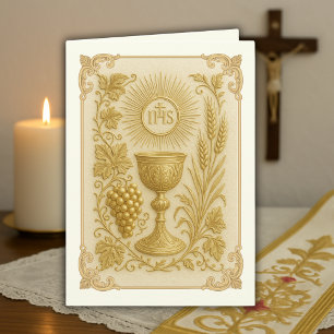 Golden Embossed Chalice Wheat Grapes Priest Thank You Card