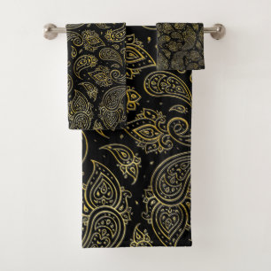 Golden Embossed Paisley pattern on black Bath Towel Set