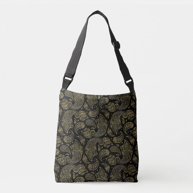 Golden Embossed Paisley pattern on black Crossbody Bag (Front)