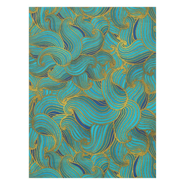 Golden Embossed Swirl Wave Pattern on Blue Tablecloth (Front)