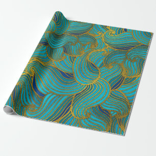 Golden Embossed  Swirl Wave Pattern on Blue Wrapping Paper