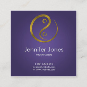 Golden Embossed Yin Yang symbol on purple Square Business Card