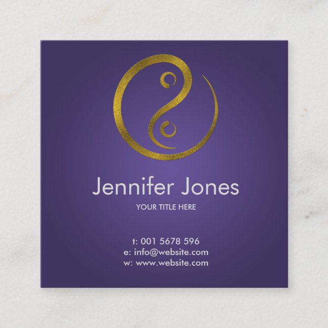 Golden Embossed Yin Yang symbol  on purple Square Business Card (Front)