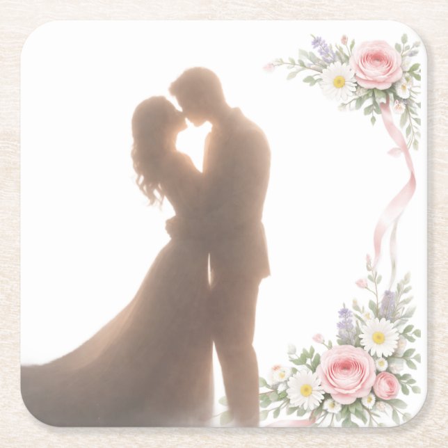 Golden Embrace at Sunset -  Romantic Square Paper Coaster (Front)